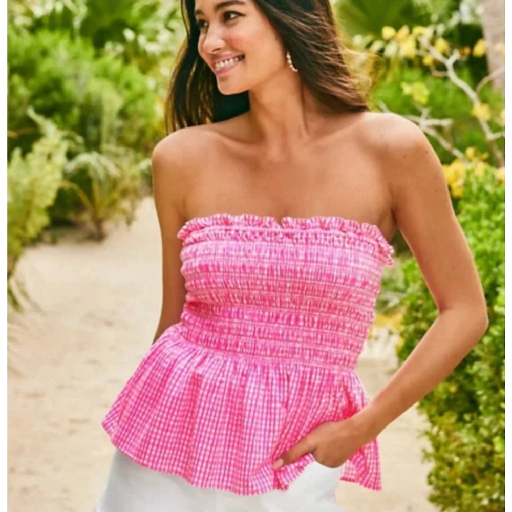 Lilly Pulitzer Jadis Top Pink Isle Along the Same Line Gingham Strapless Top L